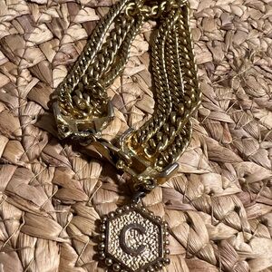 Gold Antique Multi-Chain Necklace with Hexagon 'C' Pendant - Women Jewelry